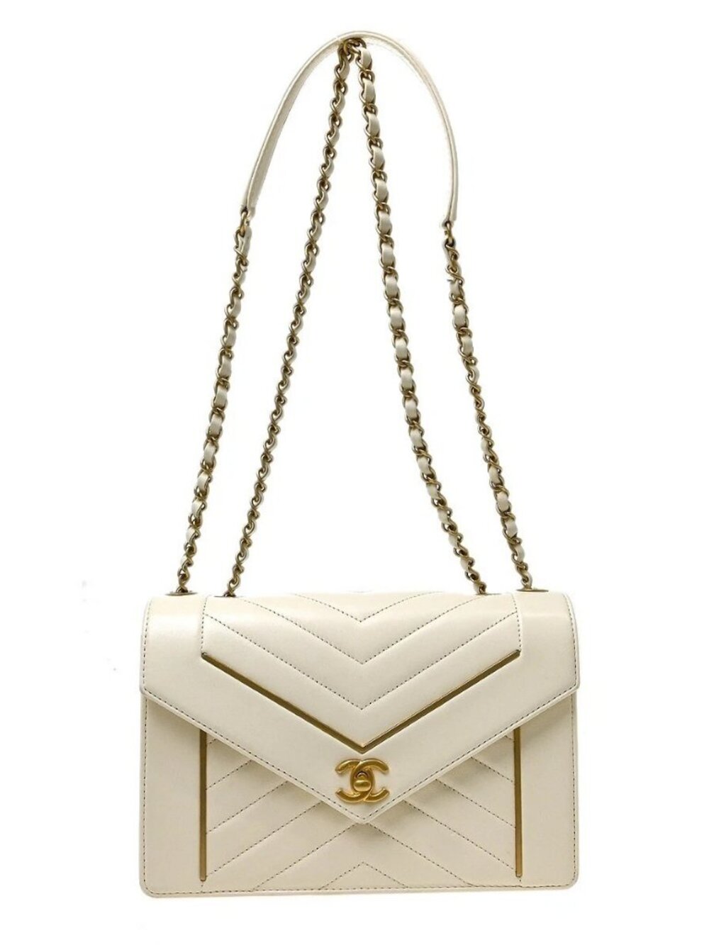 Best07 Chanel White Lambskin Chevron Shoulder Bag KQ01623